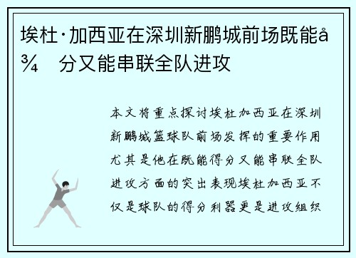 埃杜·加西亚在深圳新鹏城前场既能得分又能串联全队进攻