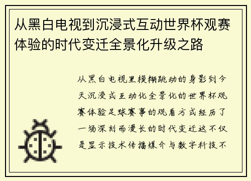 从黑白电视到沉浸式互动世界杯观赛体验的时代变迁全景化升级之路