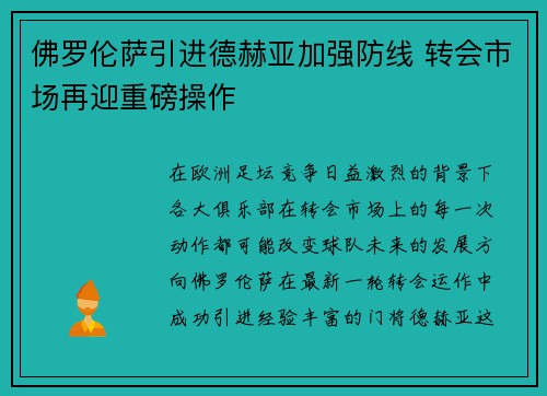 佛罗伦萨引进德赫亚加强防线 转会市场再迎重磅操作